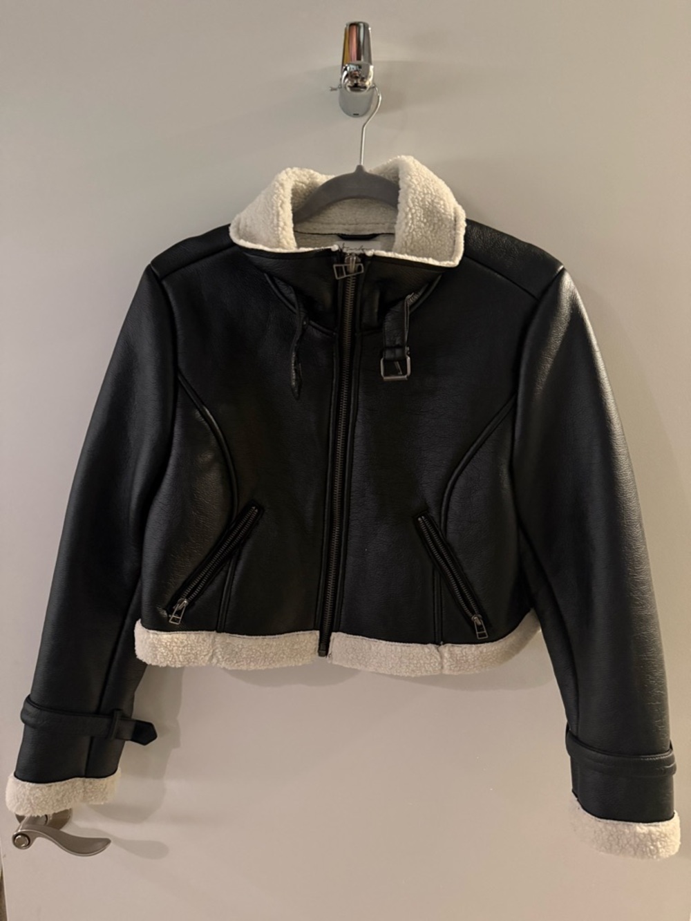 Women's Black Faux Shearling Trim Leather Jacket